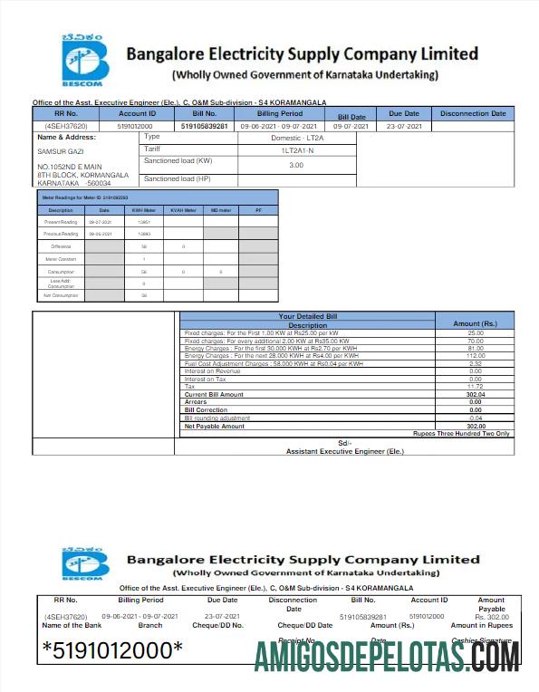 Em branco modelo Word e PDF de conta de serviços públicos da ÍNDIA BESCOM